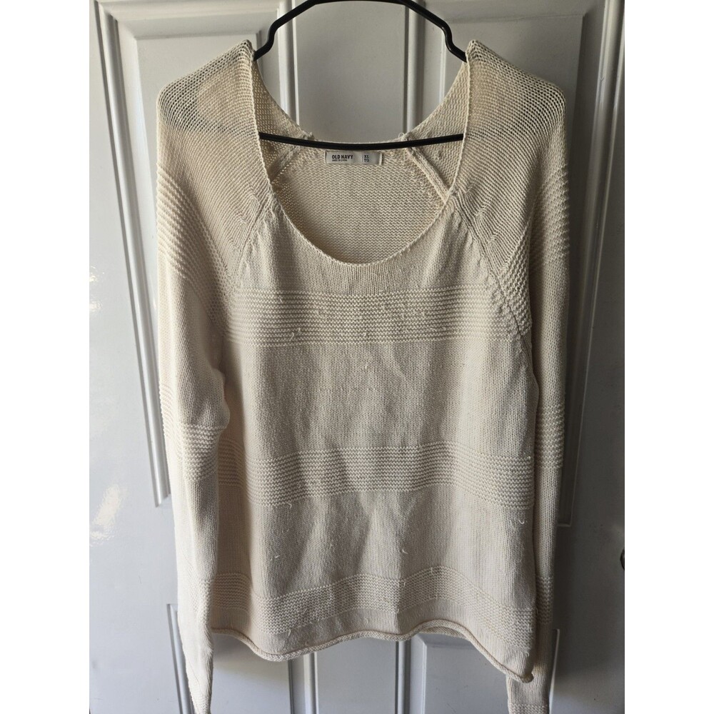 Women’s OLD NAVY Scoop Neck Long Sleeve Ivory Cotton Knit Sweater Top Size XL